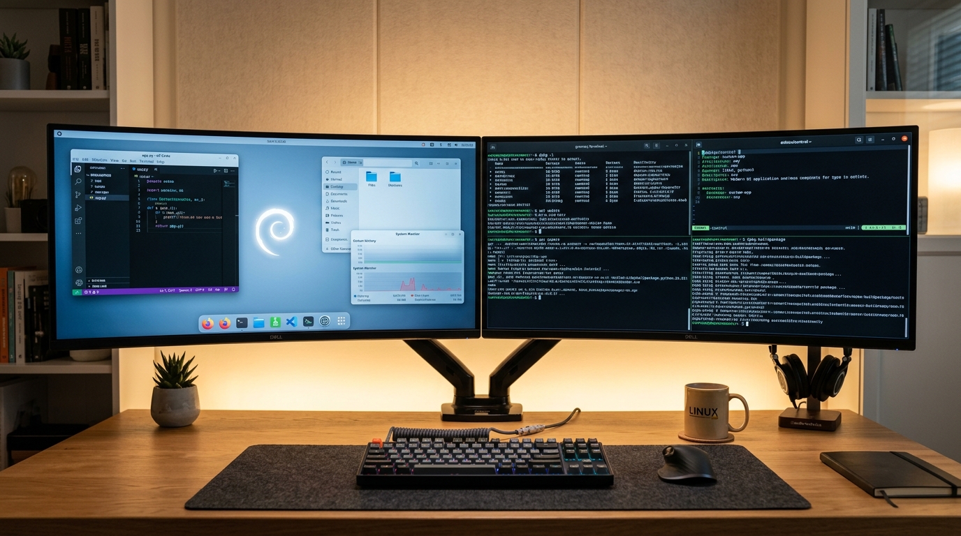 Developer workstation running UbuntuDDE Remix with Debian packaging terminal and modern desktop