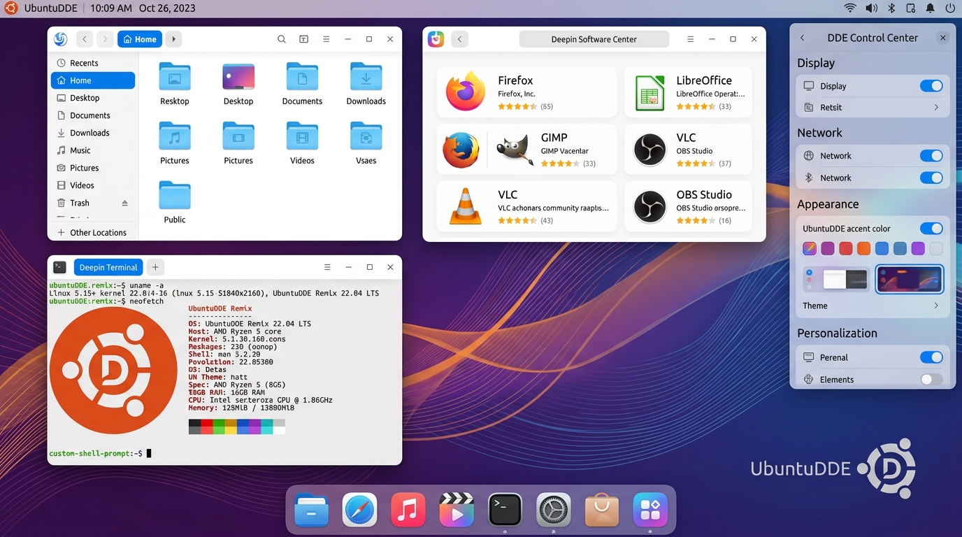 UbuntuDDE Remix desktop interface showcasing Deepin Control Center, terminal, file manager, and software center
