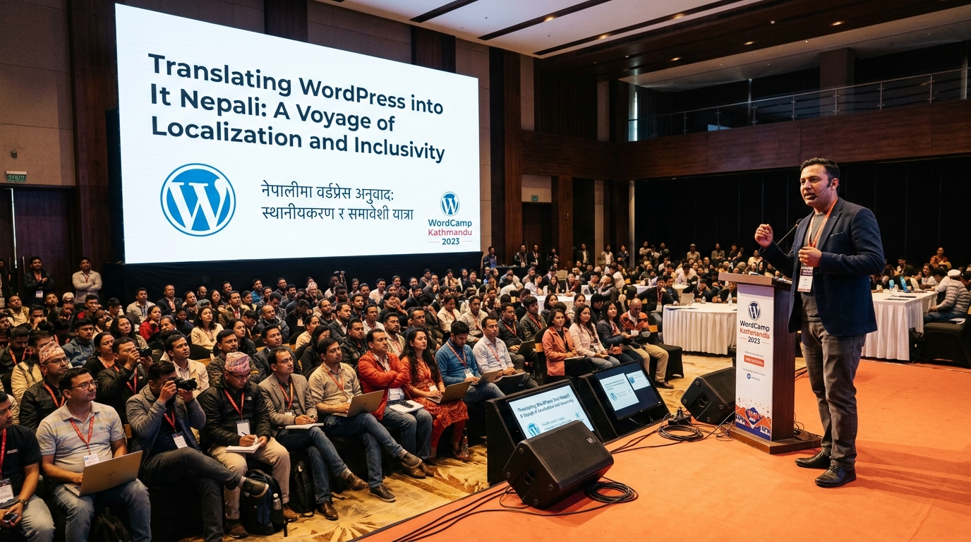 Ananta speaking on stage at WordCamp Kathmandu 2023 about Translating WordPress into Nepali