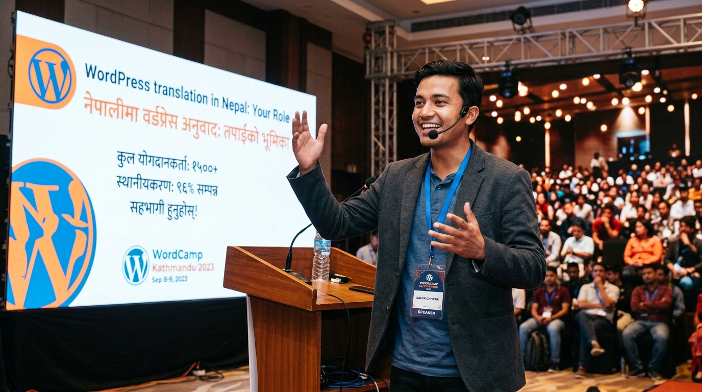 Ananta presenting on the main stage at WordCamp Kathmandu 2023