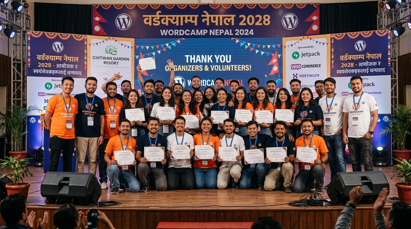 WordCamp Nepal 2022 organizers and volunteers celebrating on stage during the closing ceremony
