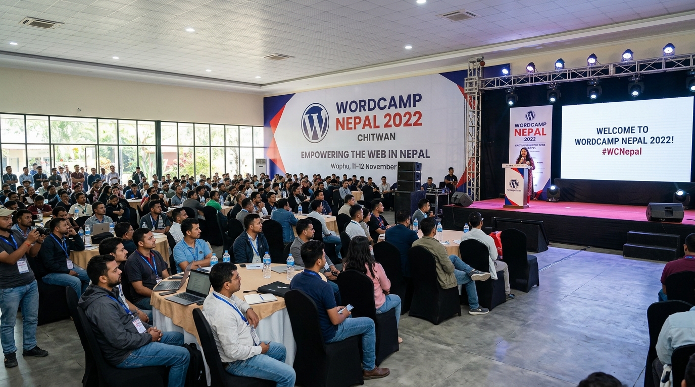 WordCamp Nepal 2022 main stage and attendees at Chitwan Garden Resort