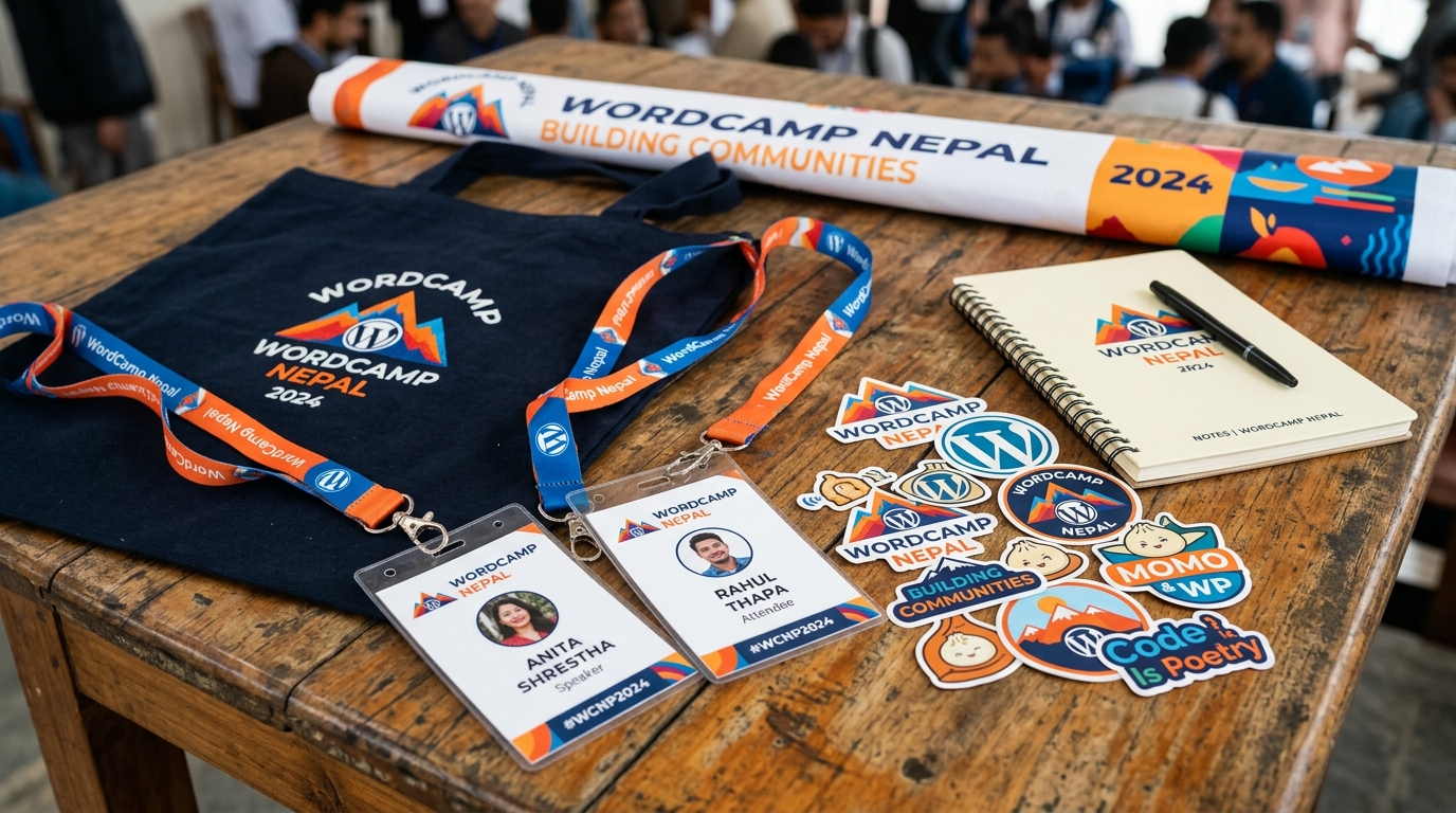 Close-up of printed WordCamp Nepal attendee badges, custom lanyards, stickers, and event swag