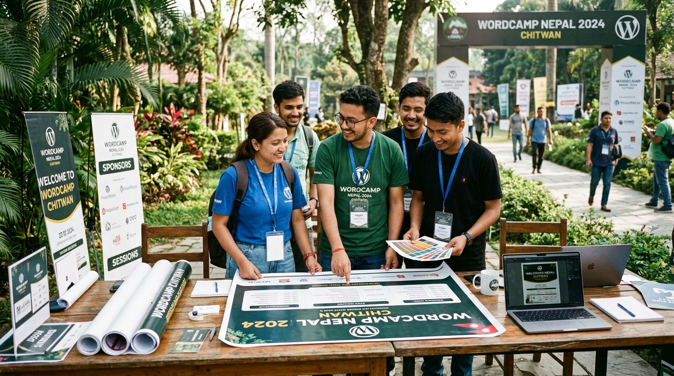 Print and Production team collaborating on event signage and color proofs at WordCamp Nepal 2022