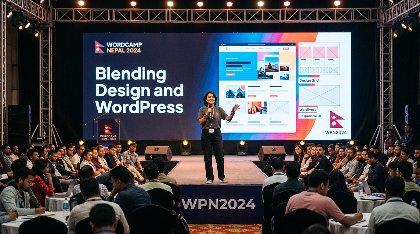 Ananta presenting on the main stage at WordCamp Nepal 2024