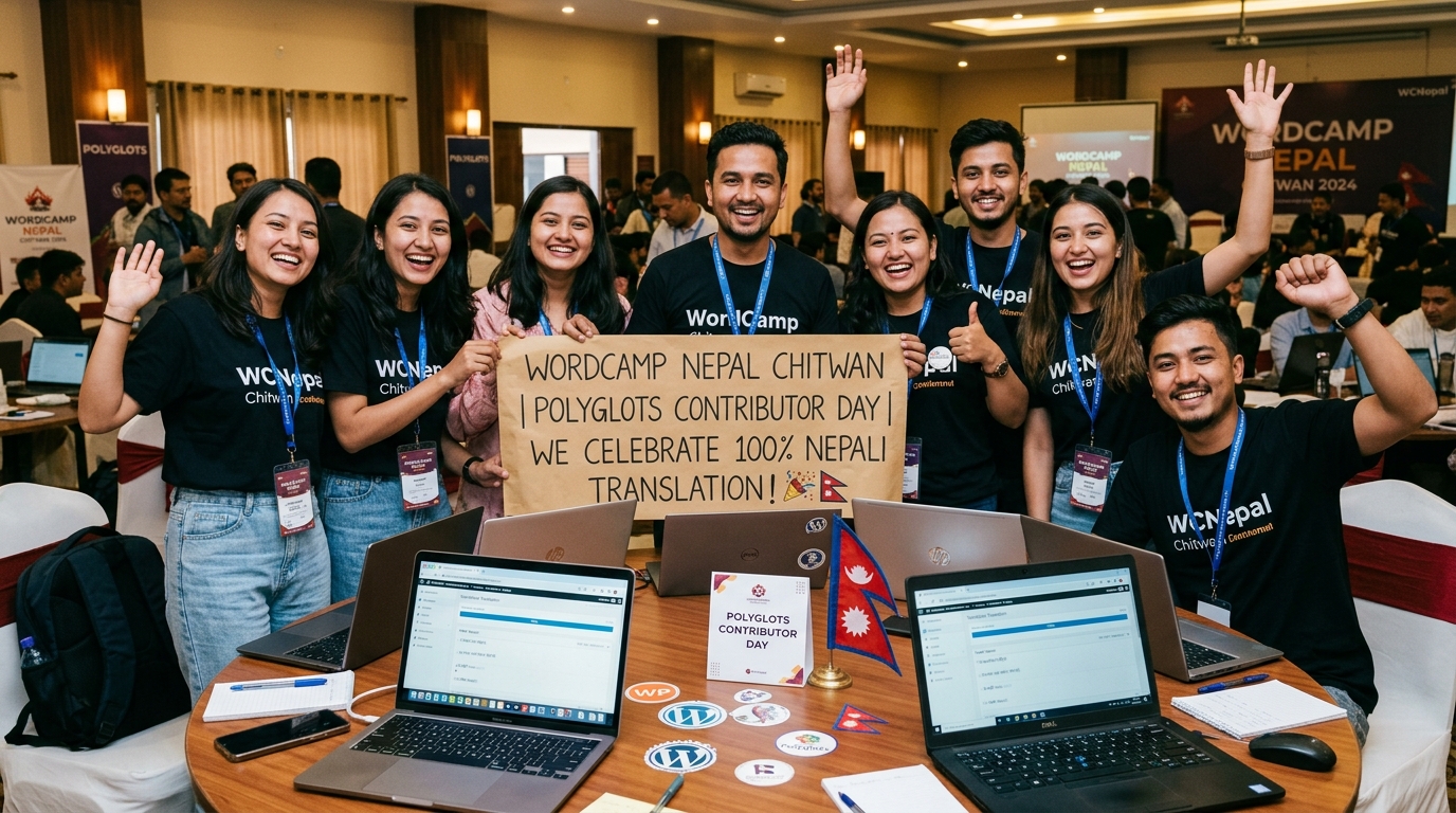 The Nepali WordPress Polyglots team celebrating achieving 100% translation completion at WordCamp Nepal