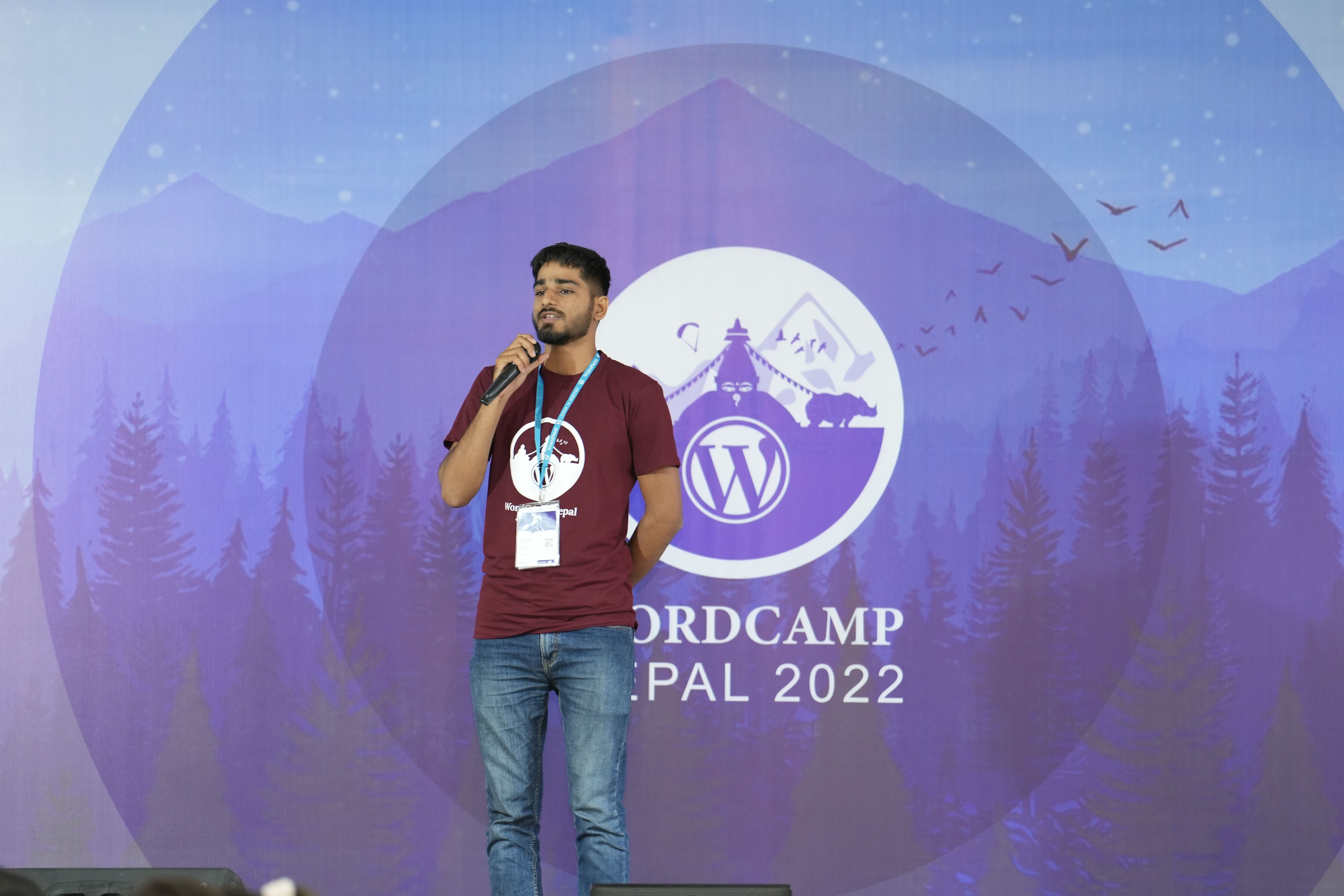 Contributor Day kickoff and table briefing on stage at WordCamp Nepal 2022