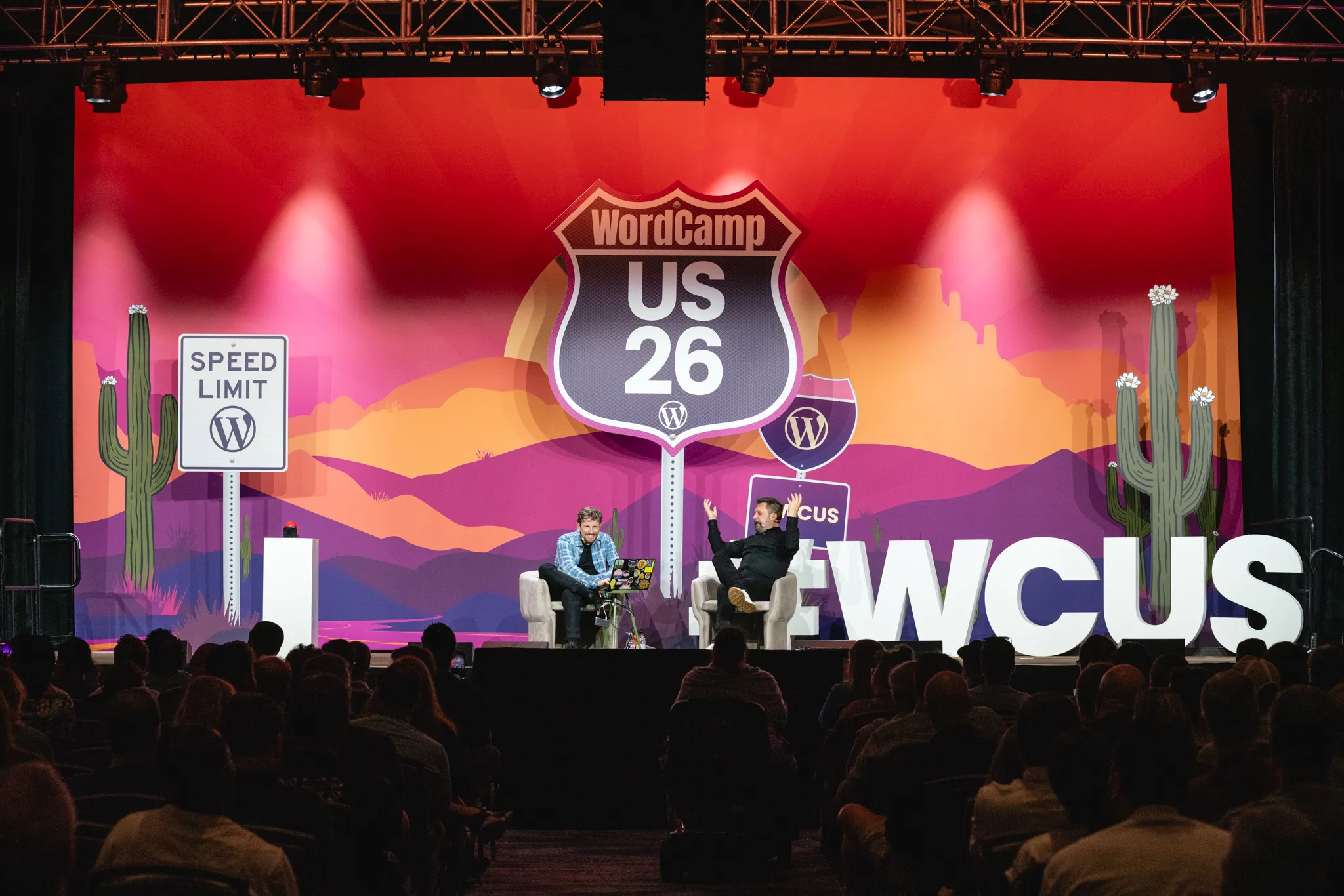 Matt Mullenweg on stage delivering the closing keynote address at WordCamp US 2026